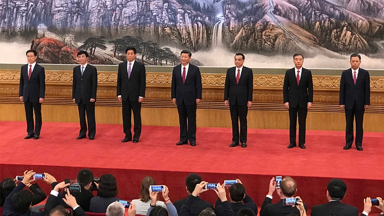 The new members of China's Politburo Standing Committee, from left: Han Zheng, Wang Huning, Li Zhanshu, Xi Jinping, Li Keqiang, Wang Yang, Zhao Leji